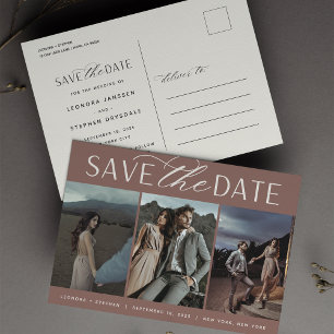 Smooth Script   Three Photo Wedding Save the Date Announcement Postcard