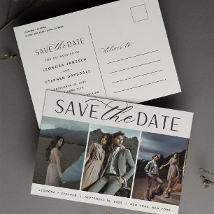 Smooth Script Three Photo Wedding Save the Date Announcement Postcard