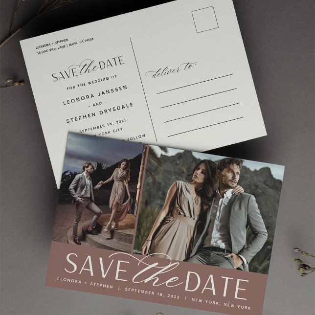 Smooth Script | Two Photo Wedding Save the Date Announcement Postcard (Creator Uploaded)