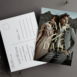 Smooth Script Vertical Photo Save the Date Foil Invitation Postcard
