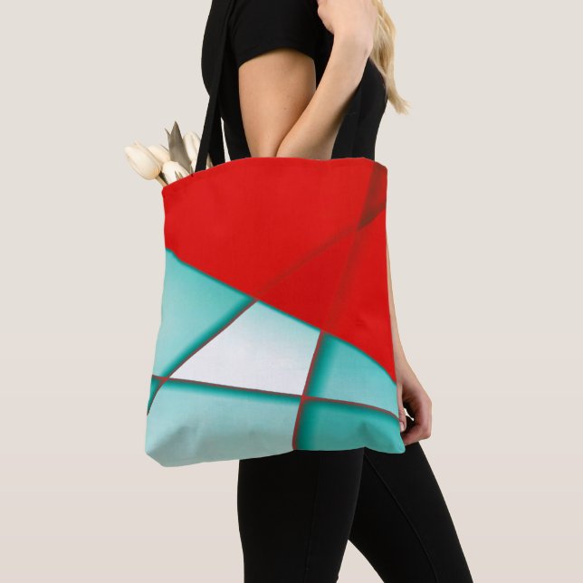Smooth turcoise trapeze rectangle under red sheet  tote bag (Close Up)