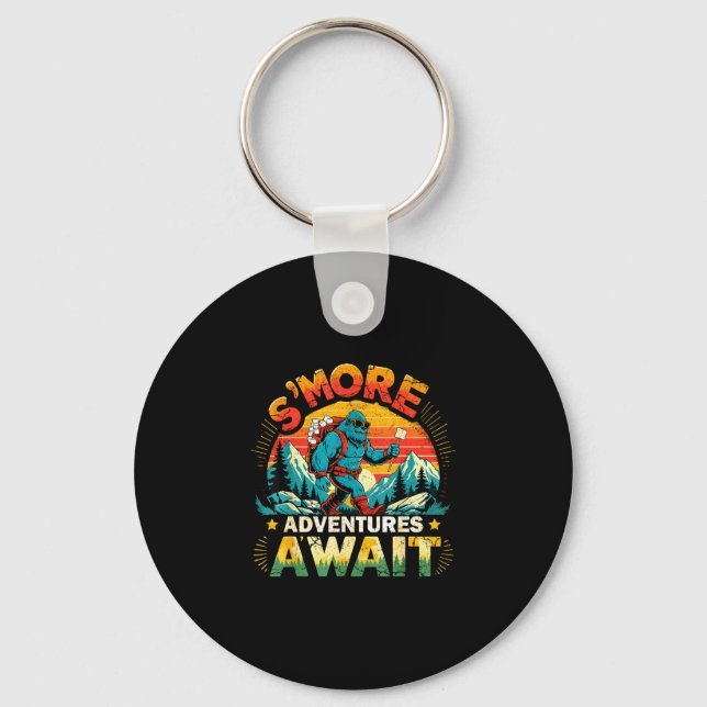 Smor adventures await funny bigfoot camping key ring (Front)