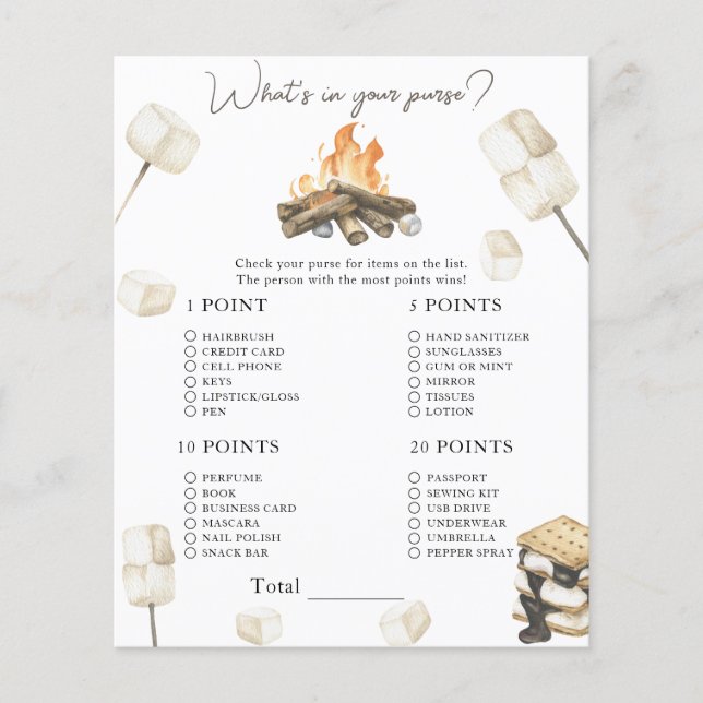 S'more baby shower - What's in your purse game (Front)