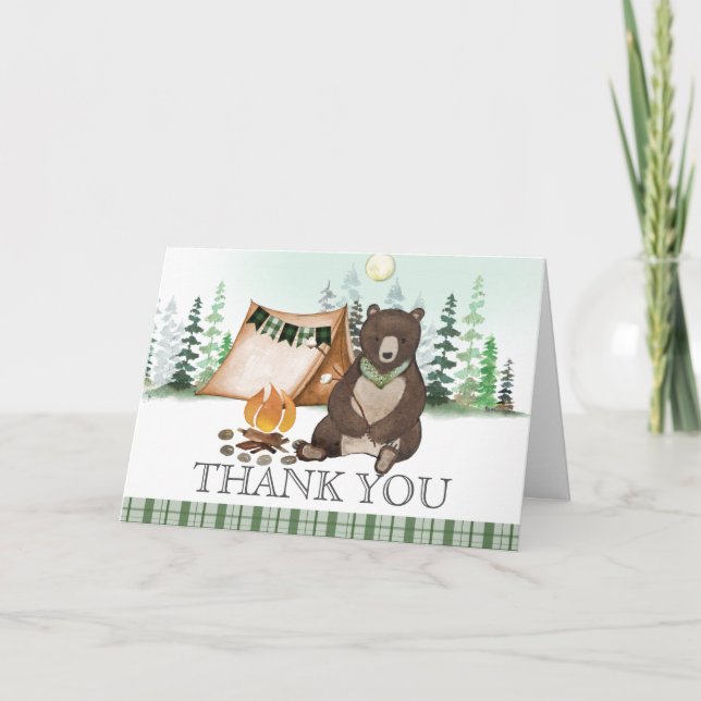 S'more Camping Bear Happy Camper 1st Birthday Thank You Card (Front)