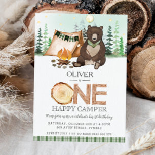 S'more Camping Bear ONE Happy Camper 1st Birthday Invitation