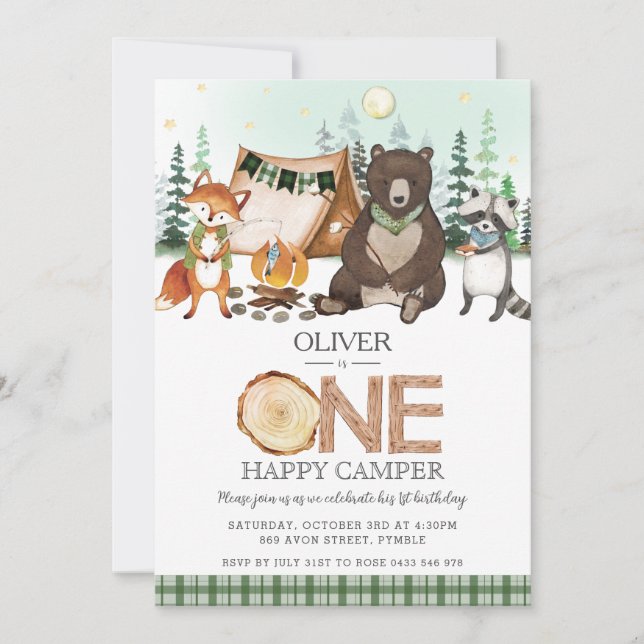 S'more Camping Bonfire Woodland One Happy Camper  Invitation (Front)