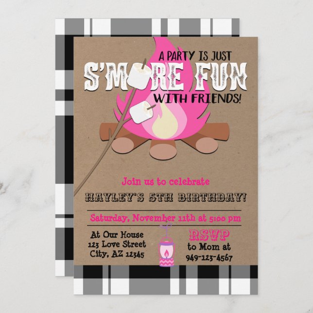 S'more fun Camp fire Pink plaid Girl's Birthday Invitation (Front/Back)