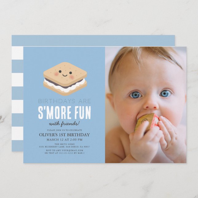 S'more Fun Kawaii Blue Boy 1st Birthday Photo Invitation (Front/Back)