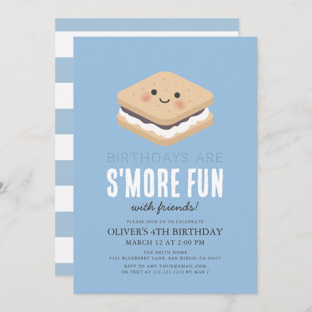 S'more Fun Kawaii Blue Kids Boy Birthday Invitation (Front/Back)