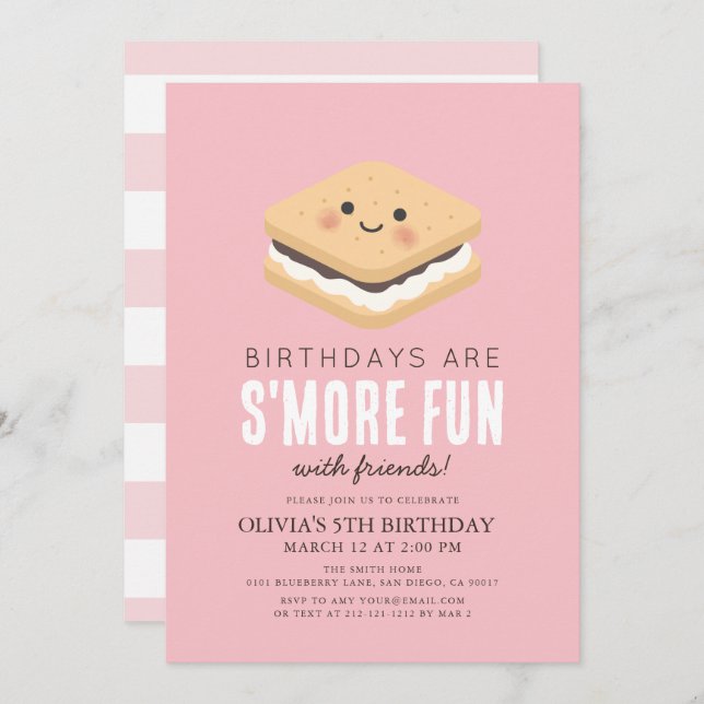 S'more Fun Kawaii Pink Girl Birthday Invitation (Front/Back)