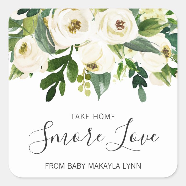 Smore Love Floral Greenery Girl Baby Shower Square Sticker (Front)