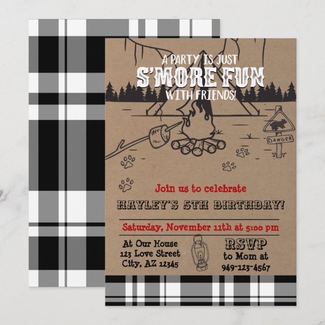 S'more Party Buffalo Check Plaid Birthday Invitation (Front/Back)