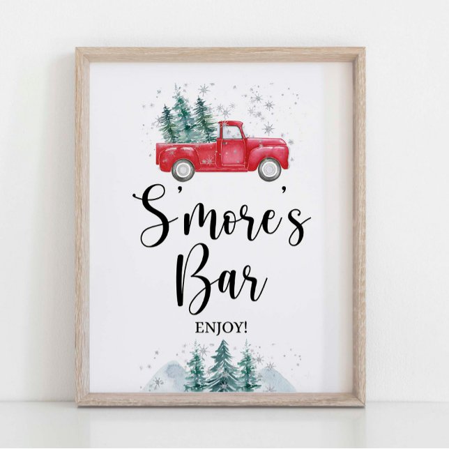 S'Mores Bar Sign Red Winter Christmas Tree Truck (S'mores Bar Party Sign, Winter Red Christmas Tree Truck Theme)