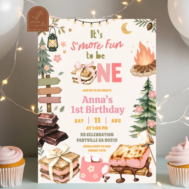 Smores Bow First Birthday Invitation (Creator Uploaded)