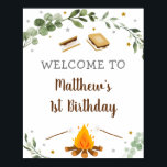 S'mores Camping Campfire Greenery Birthday Welcome Poster<br><div class="desc">Welcome your party guests with an adorable personalized sign. Frame the sign and display it on a table near the entrance or mount the poster on foam and display it outside on an easel. This design features our hand drawn s'mores and campfire illustrations with watercolor greenery accents.</div>