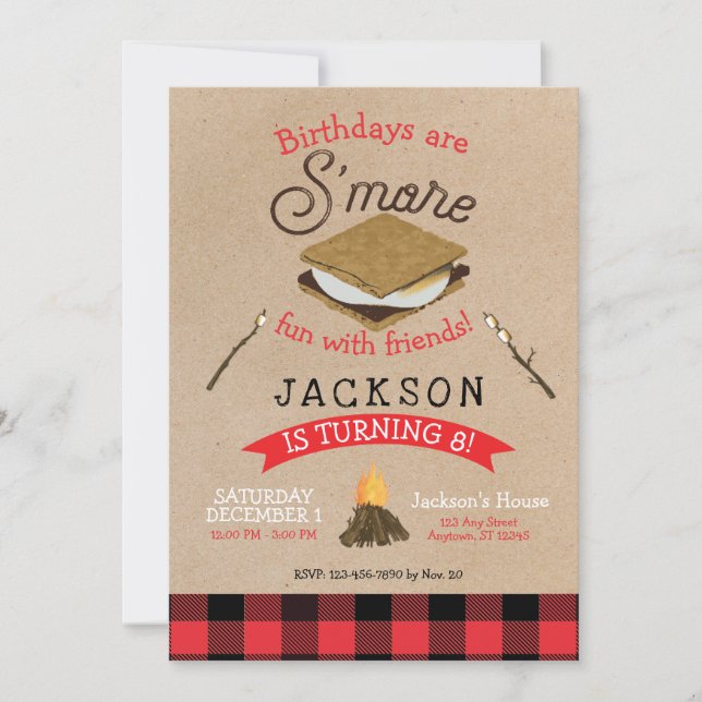 S'mores Fun with Friends Flannel Birthday Invitation (Front)
