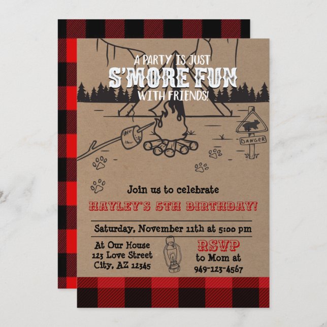 S'mores Party Buffalo Plaid Birthday Invitation (Front/Back)