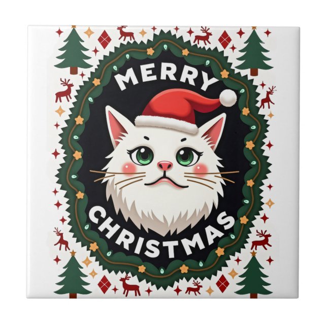 Smudge Cat Ugly Christmas Sweater  (1) Ceramic Tile (Front)