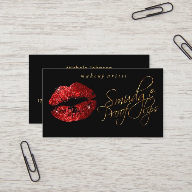 Smudge Proof Lips - Red Glitter and Elegant Gold Business Card (Front/Back In Situ)