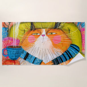 Smug Orange Tabby Cat Drinking Coffee Beach Towel