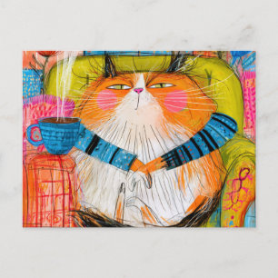 Smug Orange Tabby Cat Drinking Coffee Postcard