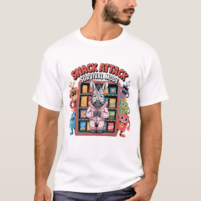 Snack Attack Survival Mode Funny Zebra T-Shirt (Front)