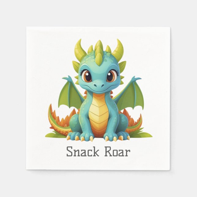 Snack Roar Green Blue Baby Dragon Paper Napkins (Front)
