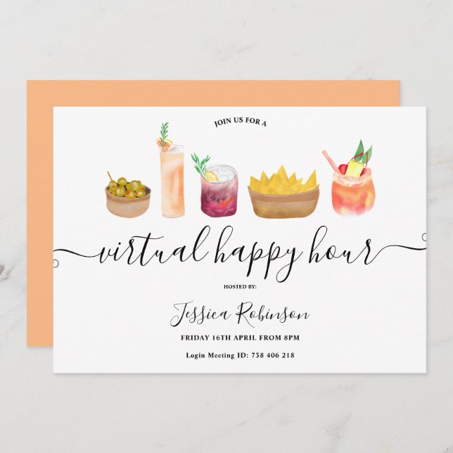 Snacks cocktails watercolor virtual happy hours invitation (Front/Back)