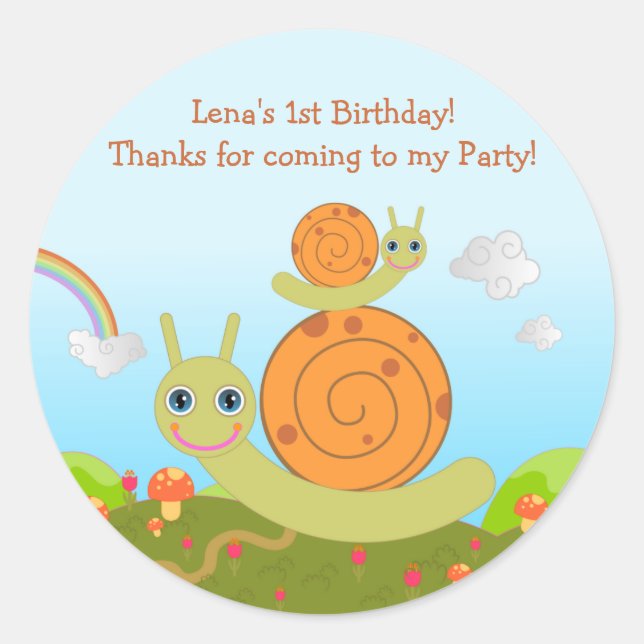 Snail Birthday Party thank you note Classic Round Sticker (Front)