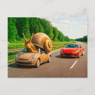 Snail Car Crawling on Country Road Holiday Postcard