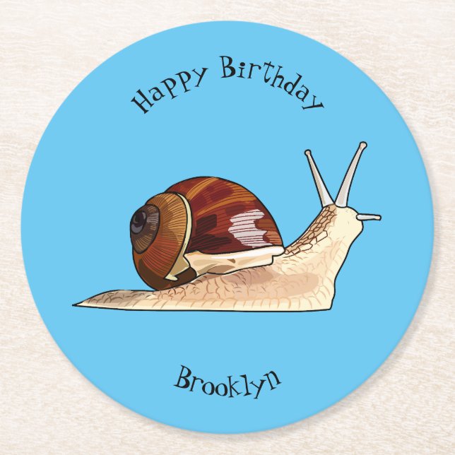 Snail cartoon illustration round paper coaster (Front)