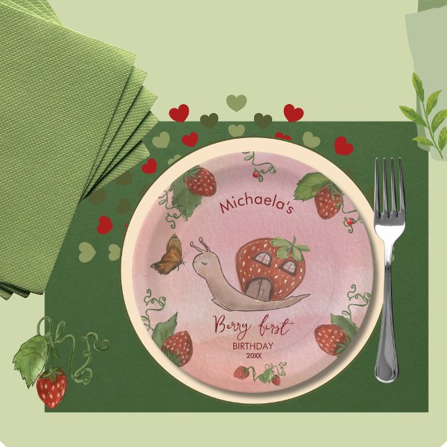Snail & Strawberry 'Berry First' Party  Paper Plate (Snail & Strawberry 'Berry First' Party Napkins Paper Plates)