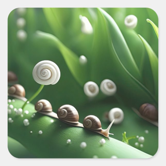 Snails lined up on green plants square sticker (Front)