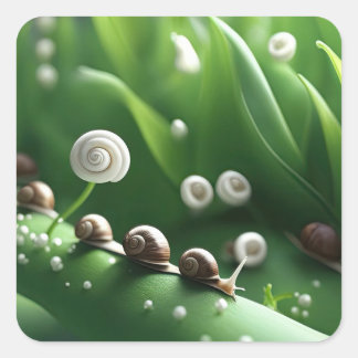 Snails lined up on green plants square sticker