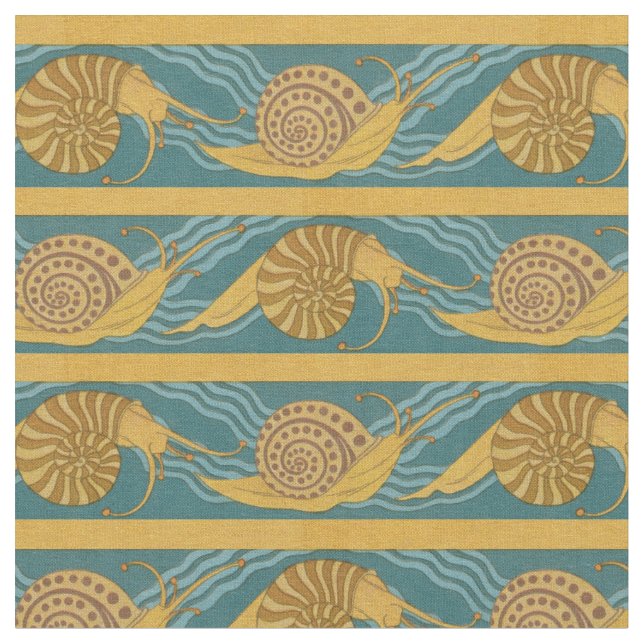 Snails Pattern Print Snail Blue Yellow Teal Gold Fabric (Close Up)