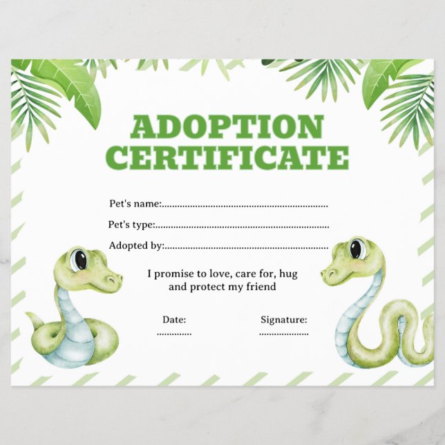 Snake adopt a pet certificate editable flyer (Front)