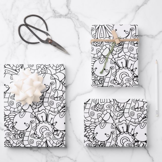 Snake and Floral Botanical Colouring Wrapping Paper Sheet (Front)