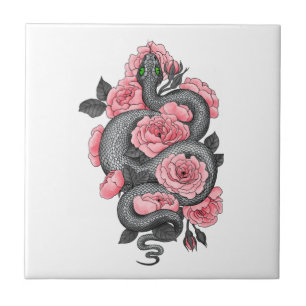 Snake and peach roses ceramic tile