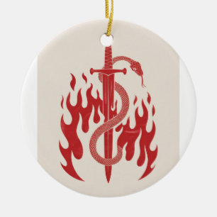 Snake and Sword Risograph Art Print   Red Flame  Ceramic Ornament