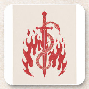 Snake and Sword Risograph Art Print   Red Flame  Coaster