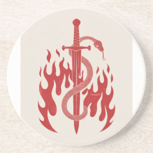 Snake and Sword Risograph Art Print   Red Flame  Coaster