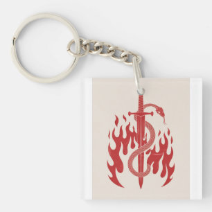 Snake and Sword Risograph Art Print   Red Flame  Key Ring