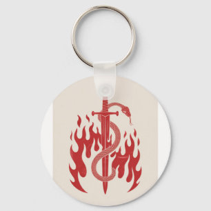 Snake and Sword Risograph Art Print   Red Flame  Key Ring