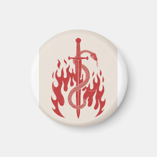 Snake and Sword Risograph Art Print   Red Flame  Magnet