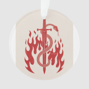 Snake and Sword Risograph Art Print   Red Flame  Ornament