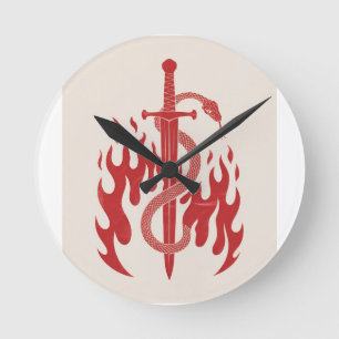 Snake and Sword Risograph Art Print   Red Flame  Round Clock
