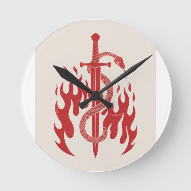 Snake and Sword Risograph Art Print | Red Flame  Round Clock (Front)