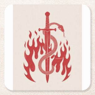 Snake and Sword Risograph Art Print   Red Flame  Square Paper Coaster