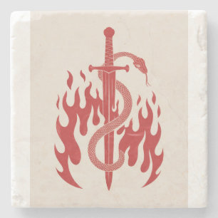 Snake and Sword Risograph Art Print   Red Flame  Stone Coaster