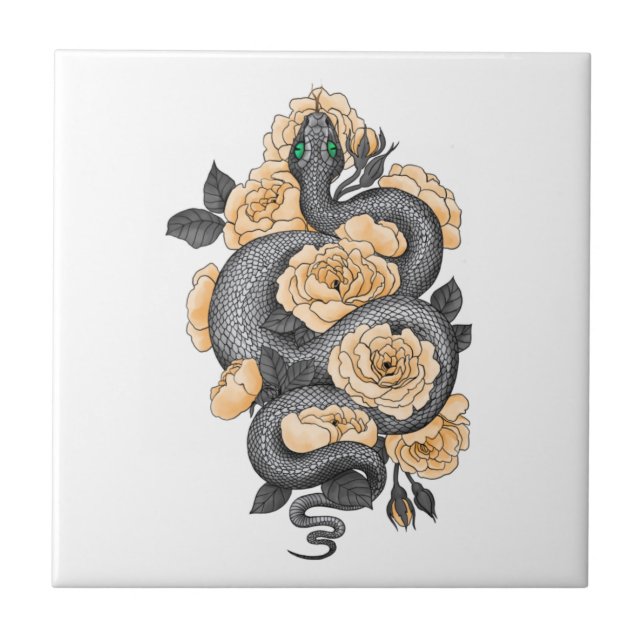 Snake and yellow roses ceramic tile (Front)